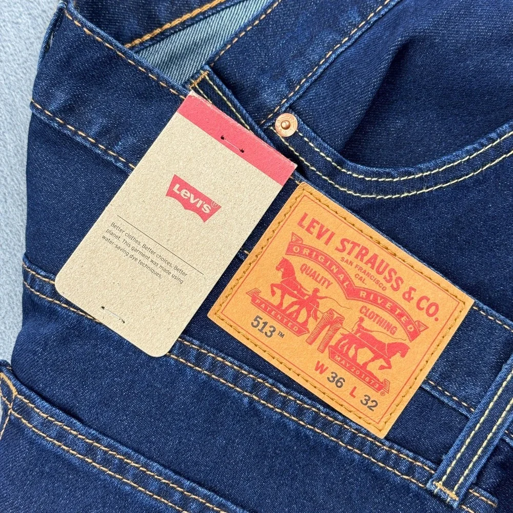Levis 513 Jeans Mens 36x32 Blue Slim Straight Medium Wash Stretch Denim NWT‎